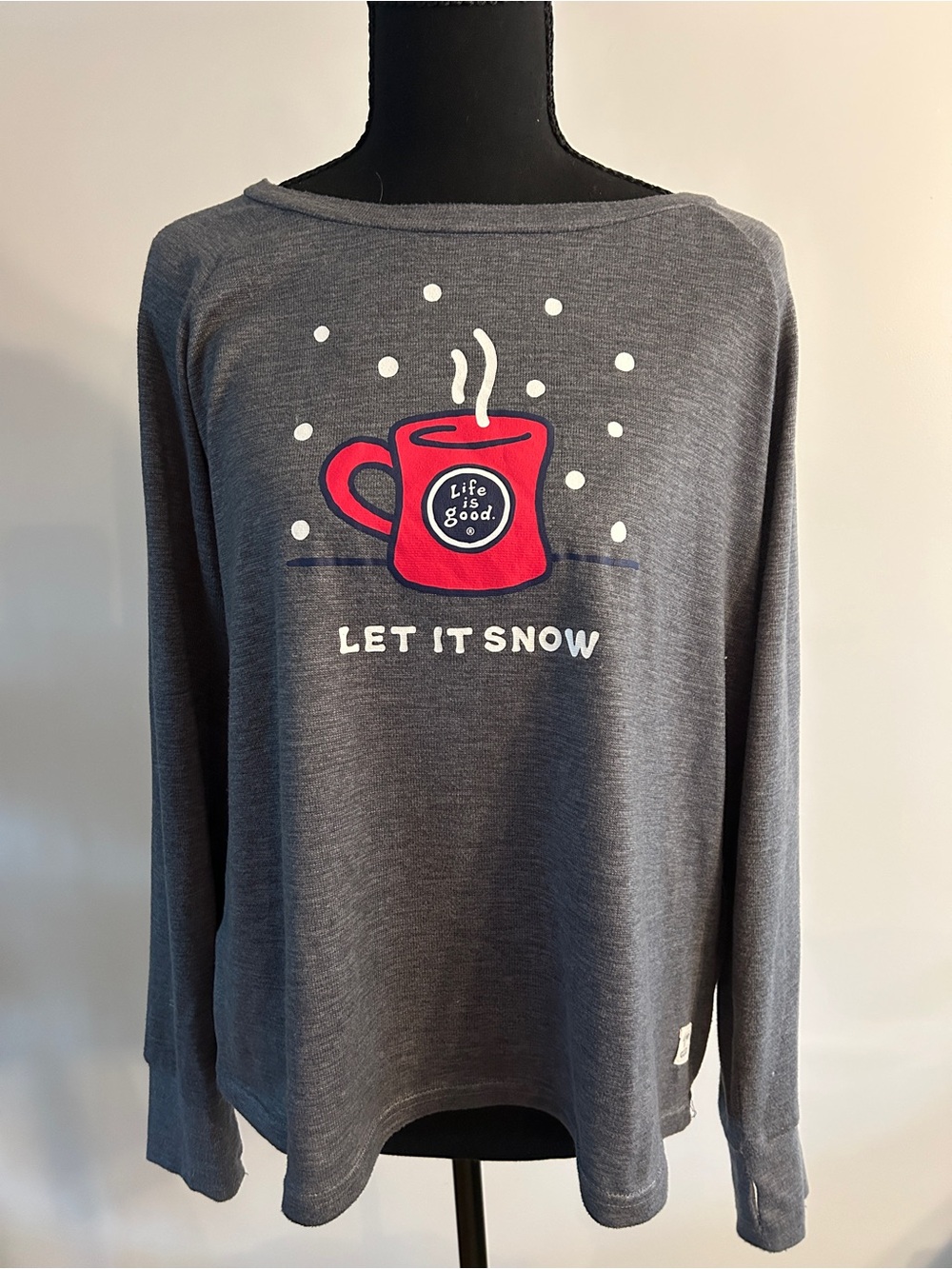 Life Is Good Heather Gray Long-Sleeve Top with Red Mug Graphic